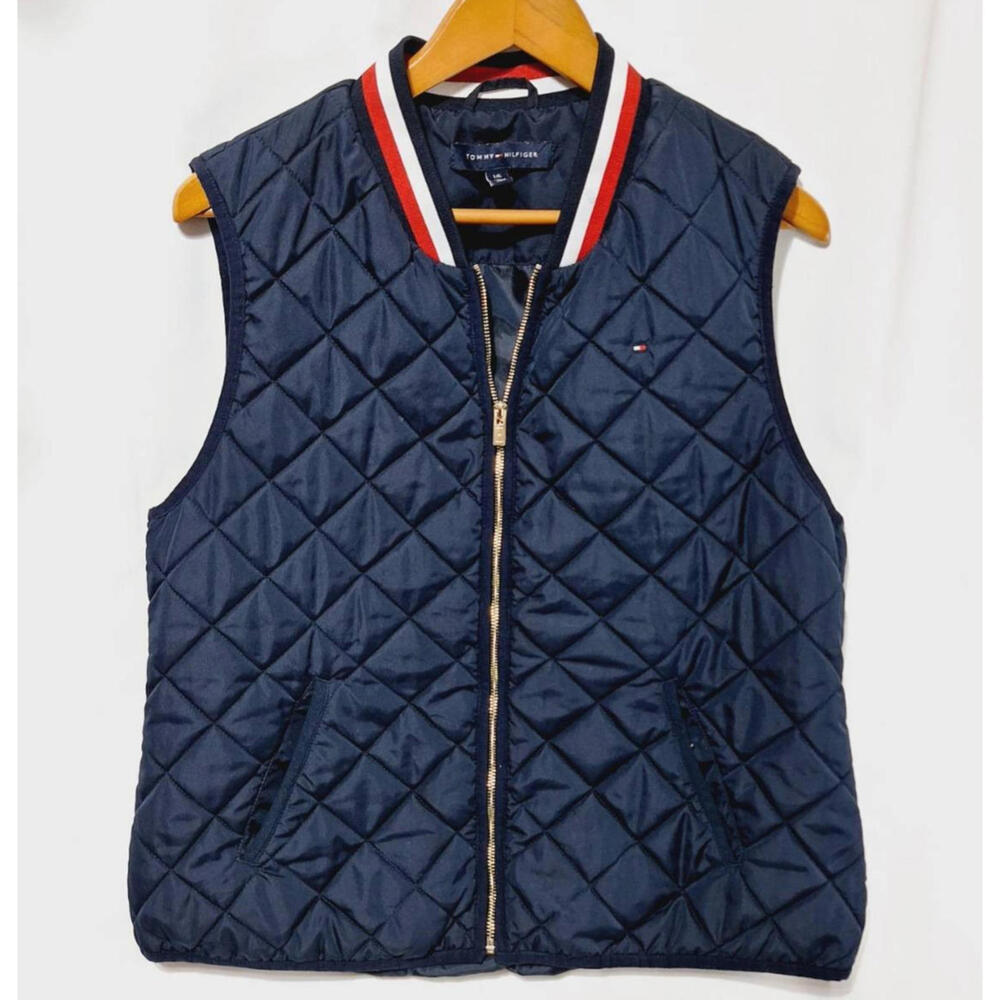Tommy Hilfiger‎ Quilted Vest Women Sz L Bomber Collar Navy Sporty Nautical Logo